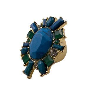 Gold Tone Womens Statement Ring With Blue & Green Gemstones Size 8 Bold Design